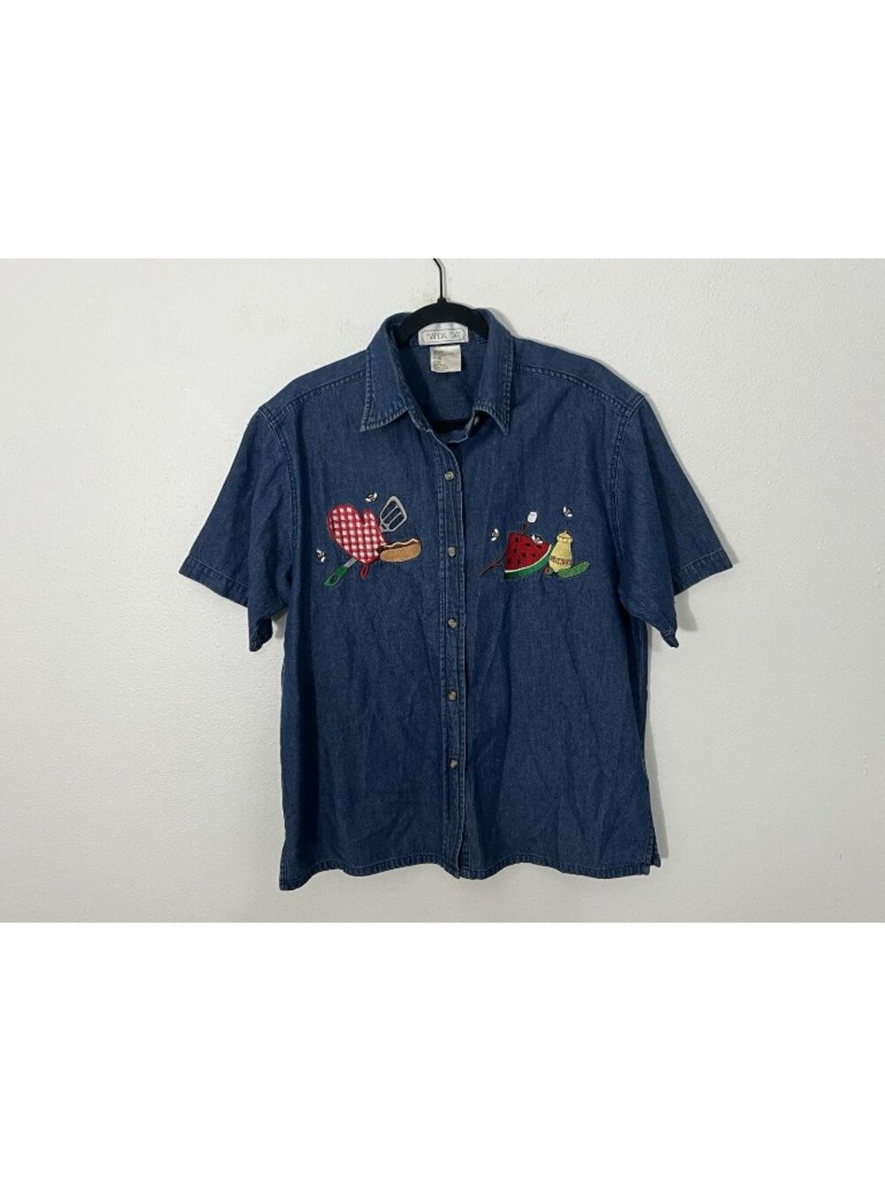 Mandal Bay Button Up Denim Top With Summer Embroidery S/M Hotdog Watermelon
